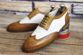 Handmade Men 2 Tone Leather Wingtip Lace up Dress shoes, Men Formal Shoes, Weddi - £122.29 GBP