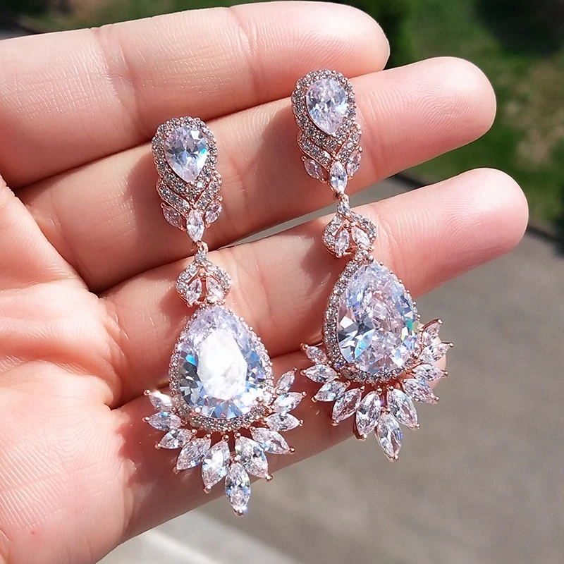 Luxury AAA Cubic Zircon Rose Gold Color Water Drop Crystal Big Long Dangle Earri - £18.68 GBP