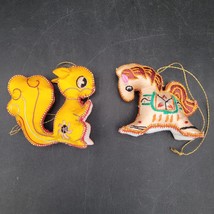 Two Vintage Embroidered Horse &amp; Squirrel Christmas Tree Ornaments 1950&#39;s - $11.87