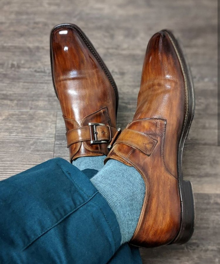Handmade Single monk Strap Dress Shoes, Mens Leather Brown Men's High Calf Shoes