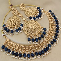 Gold Plated Indian CZ Bollywood Style Pearl Necklace Panjabi Blue Jewelry Set - £67.55 GBP