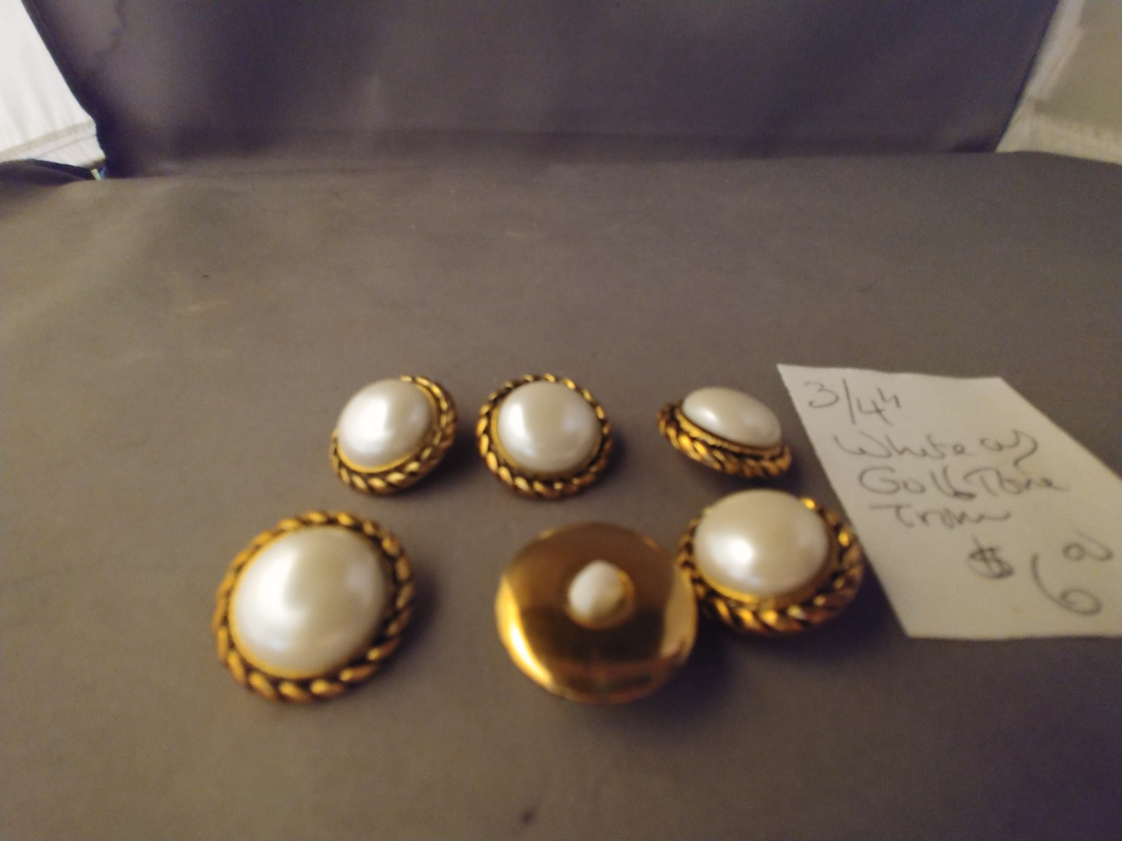 6 Sewing Buttons White Center with Gold Trim finish 3/4&quot;  - $6.00