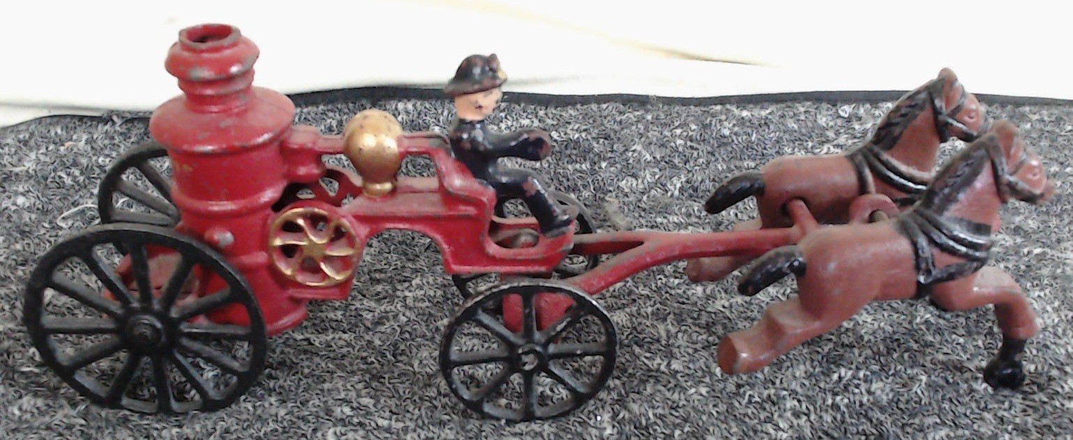 Vintage Cast Iron Toy Horse Drawn Fire Truck Carriage Wagon Wheels Fireman - $19.99