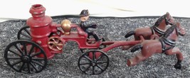Vintage Cast Iron Toy Horse Drawn Fire Truck Carriage Wagon Wheels Fireman - $19.99