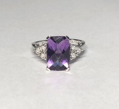 Sterling Silver Genuine Amethyst Cushion &amp; Diamond Cocktail Ladies Ring - $69.00