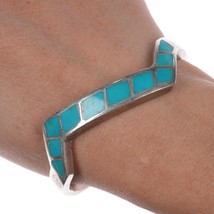 6.5&quot; Vintage Native American silver turquoise channel inlay cuff bracelet - $232.65