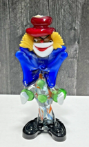 Vintage Murano Blown Art Glass Clown 9” Italy Paper Labels Red Hat Blue Bow Tie - £46.18 GBP