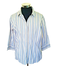 Lee Blouse Women&#39;s Size 2X Fitted Button Front Blue Striped Cotton Spandex Blend - $12.62