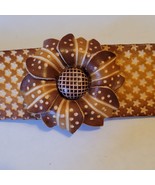 Wide Leather Bracelet Wristlet Flower Handcrafted Cuff Snap Boho - $15.34