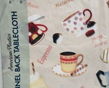Flannel Back Vinyl Tablecloth 60&quot; Round (4-6 people) COFFEE CUPS ON BEIG... - £12.65 GBP