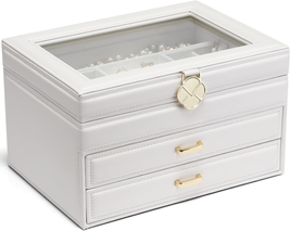 White Jewelry Box Leather Jewelry Organizer 3 Layer Glass Jewelry Boxes with 2 D - $39.48