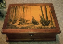 Antique Wormy Wood Storage Box Holder Turkey Forest Hunter Theme Humidor - £39.61 GBP