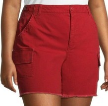 Terra &amp; Sky Women&#39;s Plus Denim Utility Shorts Size 22W Rustic Red Frayed Hem - £16.86 GBP