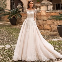 Beautiful Elegant A-line Lace Wedding Dresses Boat Neck Full Sleeves Appliques  - £479.86 GBP