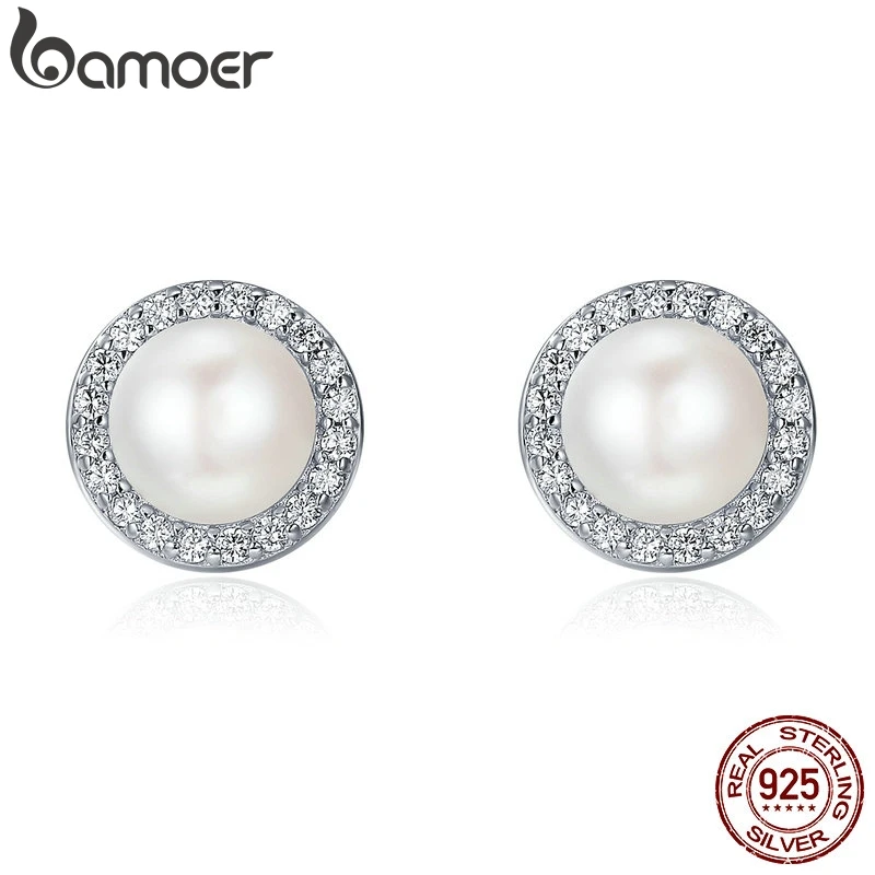 925 Sterling Silver Classic Round Fresh Water Pearl Stud Earrings Pave Setting C - £19.04 GBP