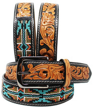 Men&#39;s Women 1.5&quot; Western Tooled Floral Beaded Genuine Leather Belt 26RS60 - £61.88 GBP