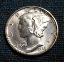 1938-D 90% Silver Mercury Dime Fb Full Split Bands Uncirculated - £23.56 GBP