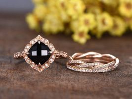 Black Simulated Diamond engagement ring set,3pcs bridal rings14K Rose Gold Fn  - £67.83 GBP