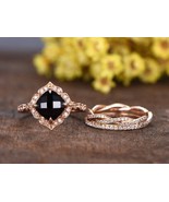 Black Simulated Diamond engagement ring set,3pcs bridal rings14K Rose Go... - $115.31 CAD