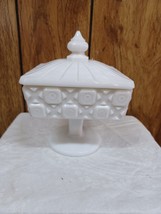 Westmoreland Glass Old Quilt White Milk Glass Candy Dish Footed With Lid 4&quot; - £19.46 GBP