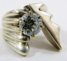 Vintage Sterling Silver and 14k Gold Modernist Ring with Cubic Zirconia - $127.71