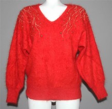 VTG Christine Phillipe Red Angora V-Neck Gold Beads Rhinestones Sweater Wm L EXC - £62.47 GBP