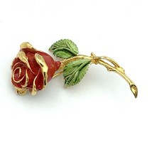 RAFAELIAN vintage red rose pin - gold-tone enamel paint 70s 80s flower 2&quot; brooch - £6.38 GBP