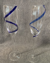 Pair Swirline Pier 1 Champagne Flutes Discontinued Cobalt Blue Swirl Glass - $39.99