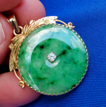 Earth mined Jade and Diamond Vintage Deco Pendant 14k Gold Vivid Green Charm - £1,644.16 GBP