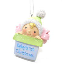 Midwest Ornament Pink Green Blue White Baby&#39;s First Christmas Present  - $9.34