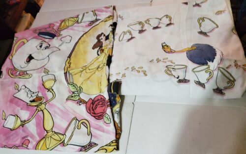 Vintage 90's Disney Beauty & The Beast 2pc Twin Size Bed Sheet Set Flat Fitted - £29.58 GBP