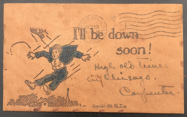 1906 Leather Postcard 5&quot; x 3&quot; I&#39;ll Be Down Soon Man Falling From Sky - £7.34 GBP