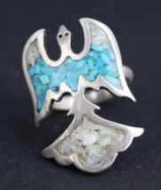 Antique Navajo Ring Phoenix Bird 925 Size 5 Turquoise &amp; Onyx &amp; Sterling Silver - £48.56 GBP