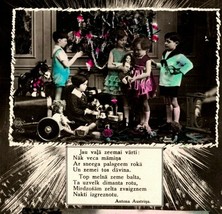 c1940 Merry Christmas Latvian Postcard Hand Colored BW Winter Children P... - £21.88 GBP