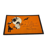 1921 Antique Halloween Black &amp; Orange Postcard Black Cat, Witch, Broom, Bat - £69.33 GBP
