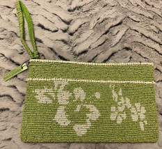 handmade beaded handbag clutch wallet hibiscus flower zipper Green Ooak folk art - £18.45 GBP