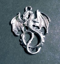 Large Dragon Pendant Antiqued Silver Fairy Tale Charm Medieval 2 Sided O... - $2.96