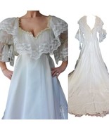 70s Boho Ivory Lace Ruffle Puff Sleeve Princess Wedding Gown Dress XS - $241.69