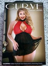 Fantasy Lingerie Curve-Valentina-Flocked Heart Babydoll Halter Neck Tie ... - $39.99