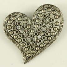 Modern Costume Jewelry Chico&#39;s Silver Tone Metal Rhinestone Heart Brooch Pin - £12.60 GBP