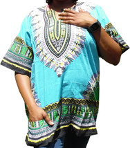 Womens Light Blue Dashiki Shirt African Blouse Top Rap Rapper ~ Fast Shipping - £9.49 GBP