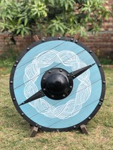 NauticalMart Medieval Wood Viking Shield  Full Size In Glacier Blue And White - £156.53 GBP