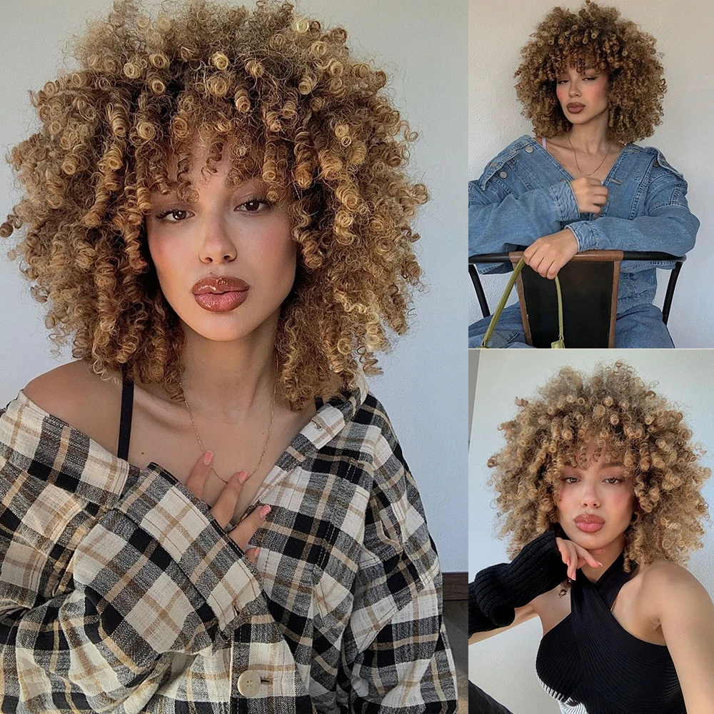 Short Afro Curly Synthetic Wigs with Bangs Light Brown Golden Ombre Bomb Fiber - £22.50 GBP