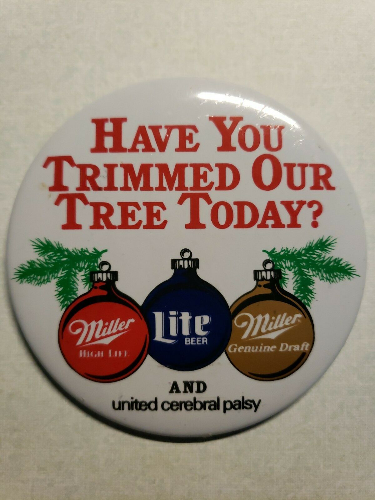 Vintage Dec 89  Amoco, Miller and Cerebral Palsy Employee Button Pin 3” Metal - $18.99