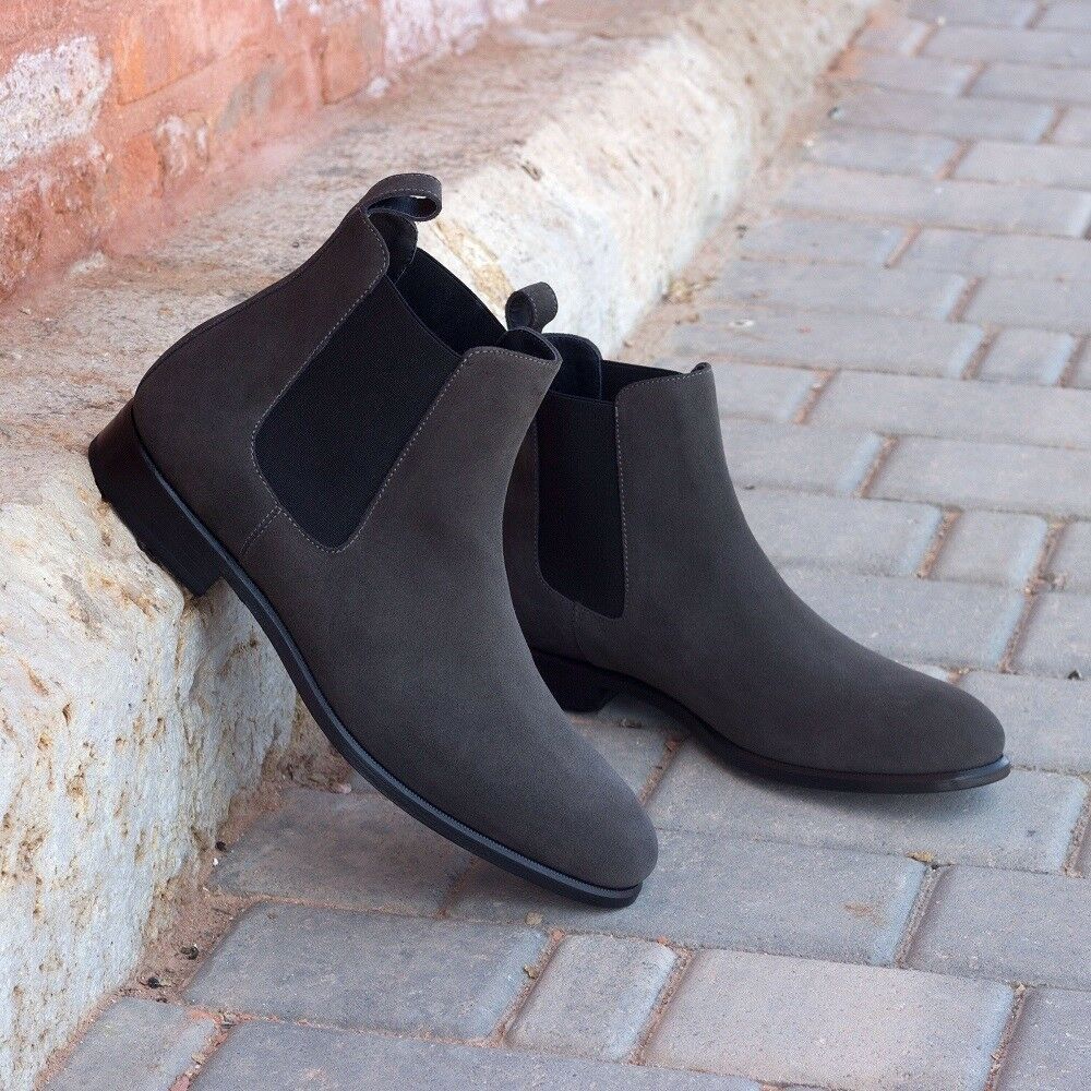 Made To Order Men's Gray Suede Black Sole Chelsea Jumper Slip On Boots US 7-16