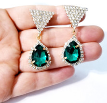 Bridesmaid Clip On Earrings, Rhinestone Crystal Earrings, 2 inch Green, Chandeli - £23.30 GBP