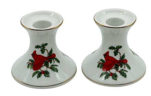 Primary image for Lefton Cardinal Holly Leaves Ceramic Candle Holder Taper Lot of 2 Christmas