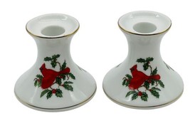 Lefton Cardinal Holly Leaves Ceramic Candle Holder Taper Lot of 2 Christmas - $23.36