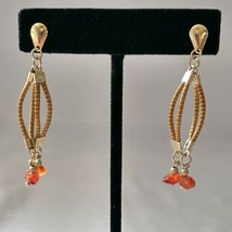 Coral Chip Chain Dangle Earrings Twist Gold Tone Abstract Disco Vtg 80s Dainty  - $19.79