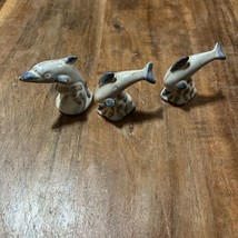 Set Of 3 Vintage Alaskan Clay Miniature Dolphins  Brown White Blue 2” - $14.03